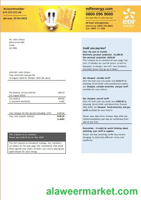 United Kingdom EDF Energy electricity and gas utility bill Word and PDF formats